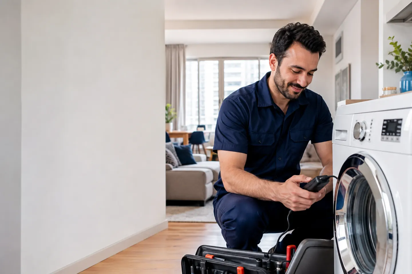 İstanbul’da çamaşır makinesini inceleyen bağımsız teknik servis çalışanı